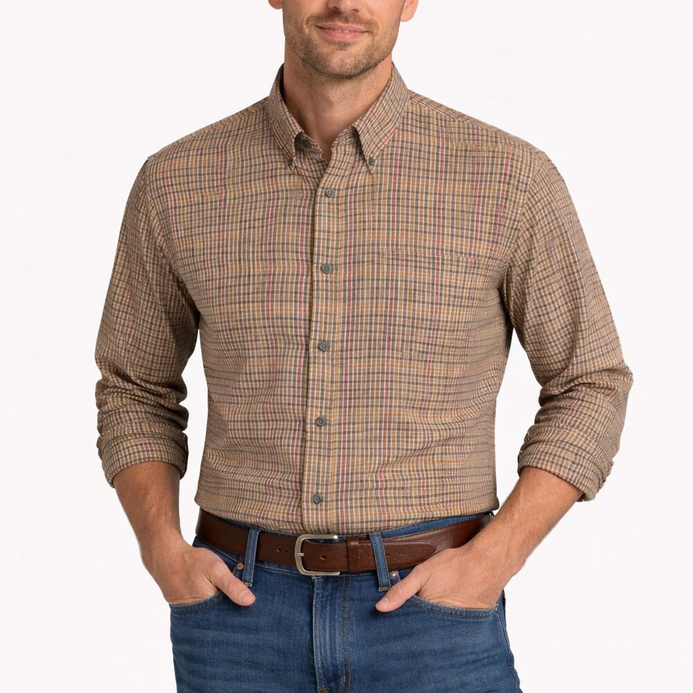 Van Heusen Men's Casual Shirt 17-17 1/2; 36 XL Cotton/Poly Brown LS Pocket GUC
